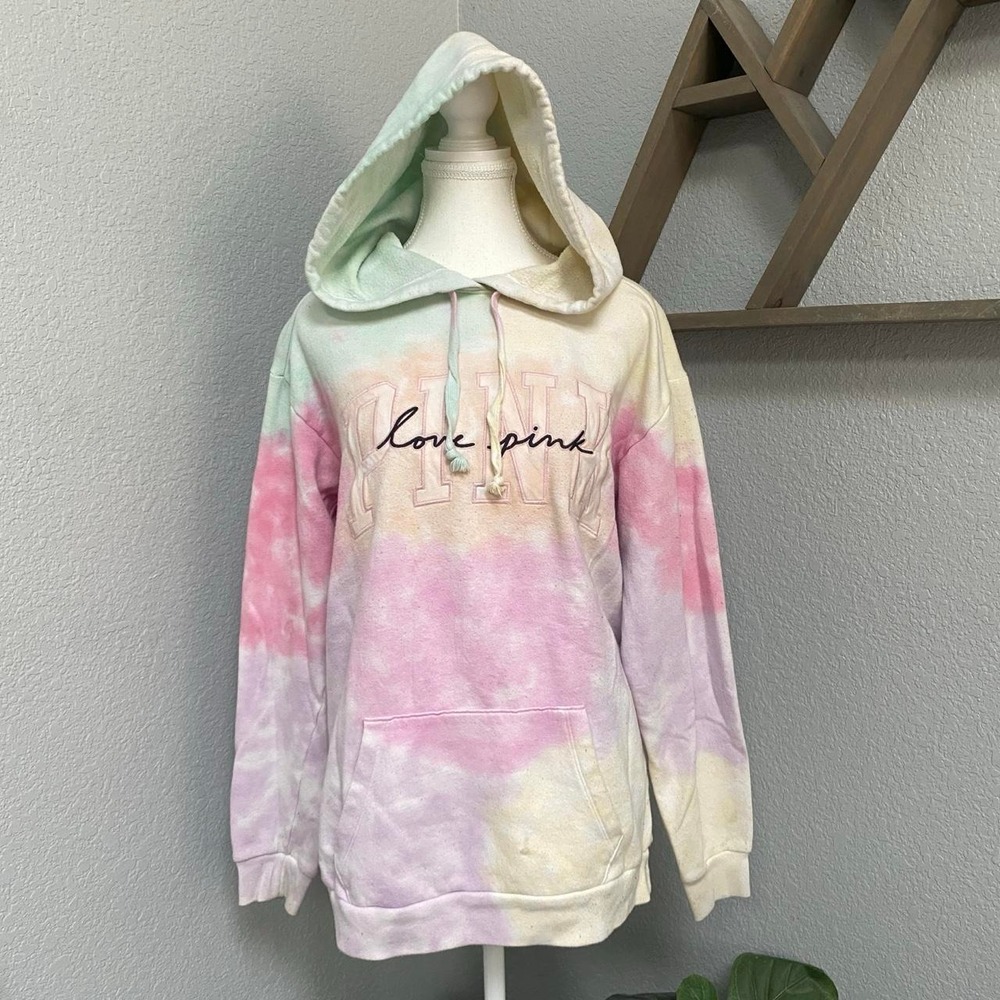 VS PINK PASTEL TIE DYE HOODIE LOVE PINK EMBROIDERED SPELLOUT PULLOVER SWEATSHIRT